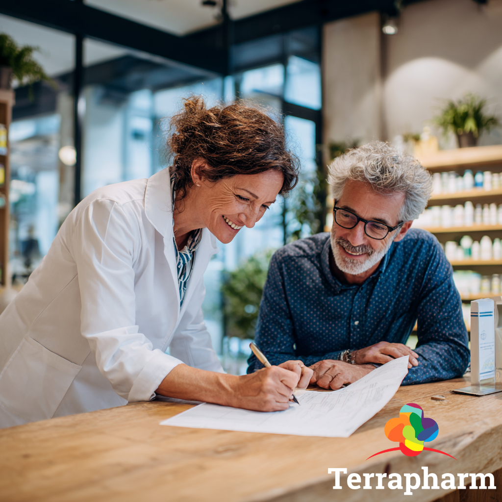 Farmacist explicând cum se citește corect prospectul unui medicament într-o farmacie modernă.